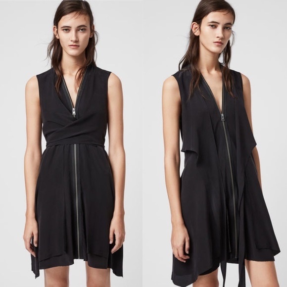 All Saints Dresses & Skirts - NWT Allsaints Jayda 100% Silk Black Raw Hem Zip Dress XS